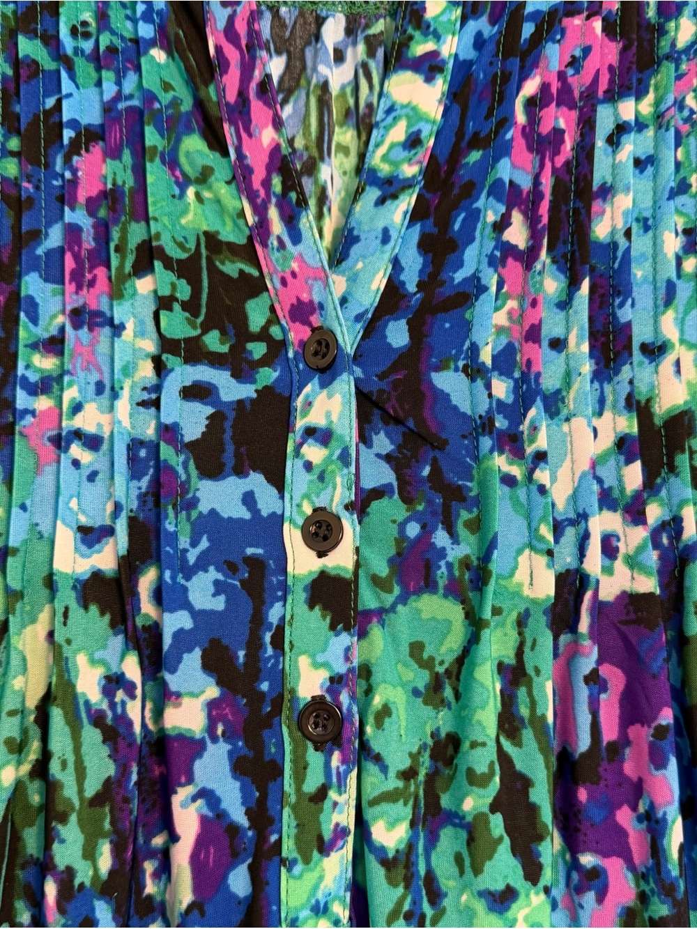 la cera Women's Large Tunic Top Blue Green Artistic Pleated Stretchy 3/4 Sleeve - Picture 8 of 11